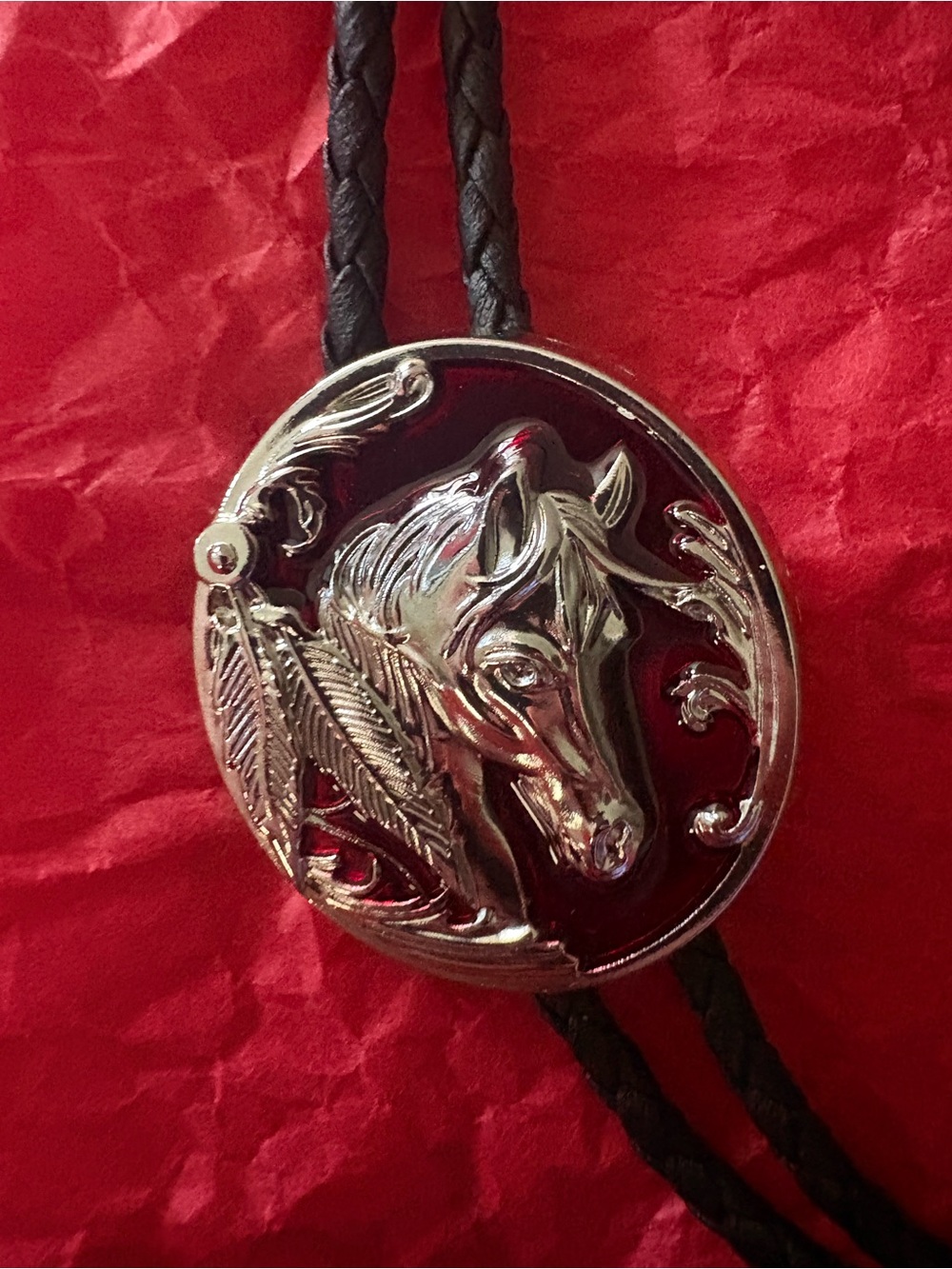 Silver Horsehead Bolo Tie with Black Braided Cord